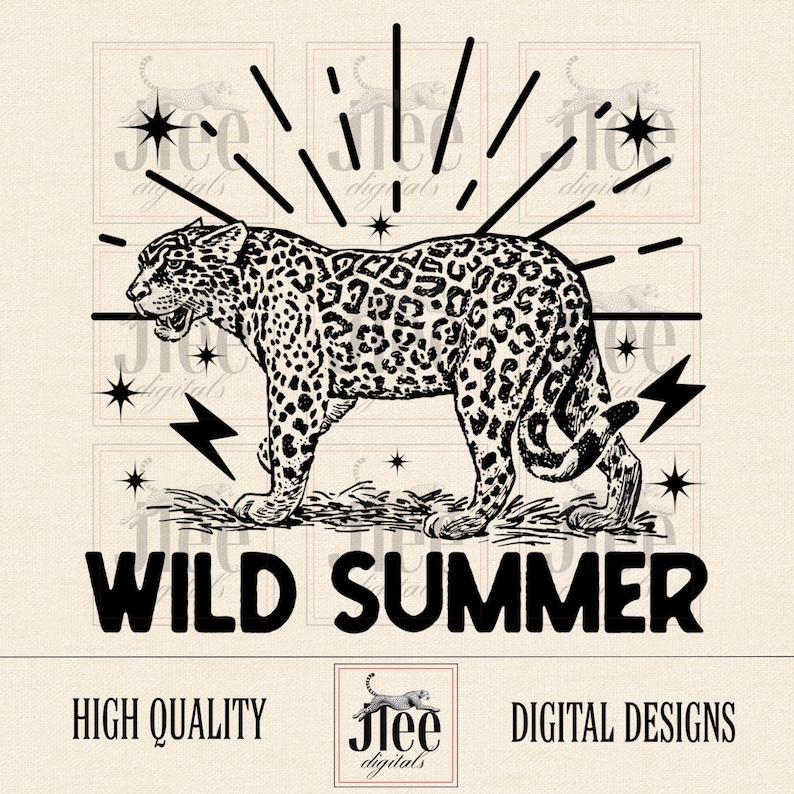 May include: Black and white illustration of a jaguar with a spotted coat. The jaguar is standing on a grassy surface with a starburst design behind it. The text "WILD SUMMER" is below the jaguar.
