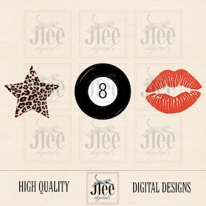 May include: A set of three digital designs featuring a leopard print star, a black and white 8-ball, and a red kiss mark.