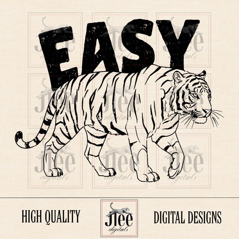 May include: Black and white illustration of a tiger walking with the word "EASY" above it. The tiger is walking towards the right side of the image.