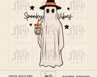 Ice Coffee Ghost PNG: Spooky Retro Halloween Design (Digital Download)