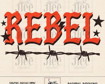 Może przedstawiać: Cyfrowy projekt z napisem „REBEL” w zużytych czerwonych literach, obrysowanych na czarno, oraz czarnymi gwiazdami. Pod słowem znajduje się wzór z drutu kolczastego. Projekt zawiera również tekst „HIGH QUALITY” i „DIGITAL DESIGNS”.