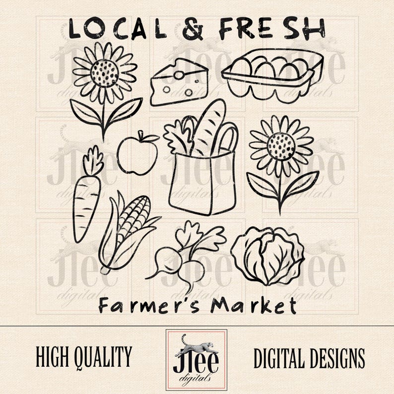 May include: Black and white line art illustration featuring various farmer's market produce, including sunflowers, cheese, eggs, a carrot, an apple, a bag of vegetables, corn, radishes, and a cabbage. The text "Local & Fresh" and "Farmer's Market" are included.