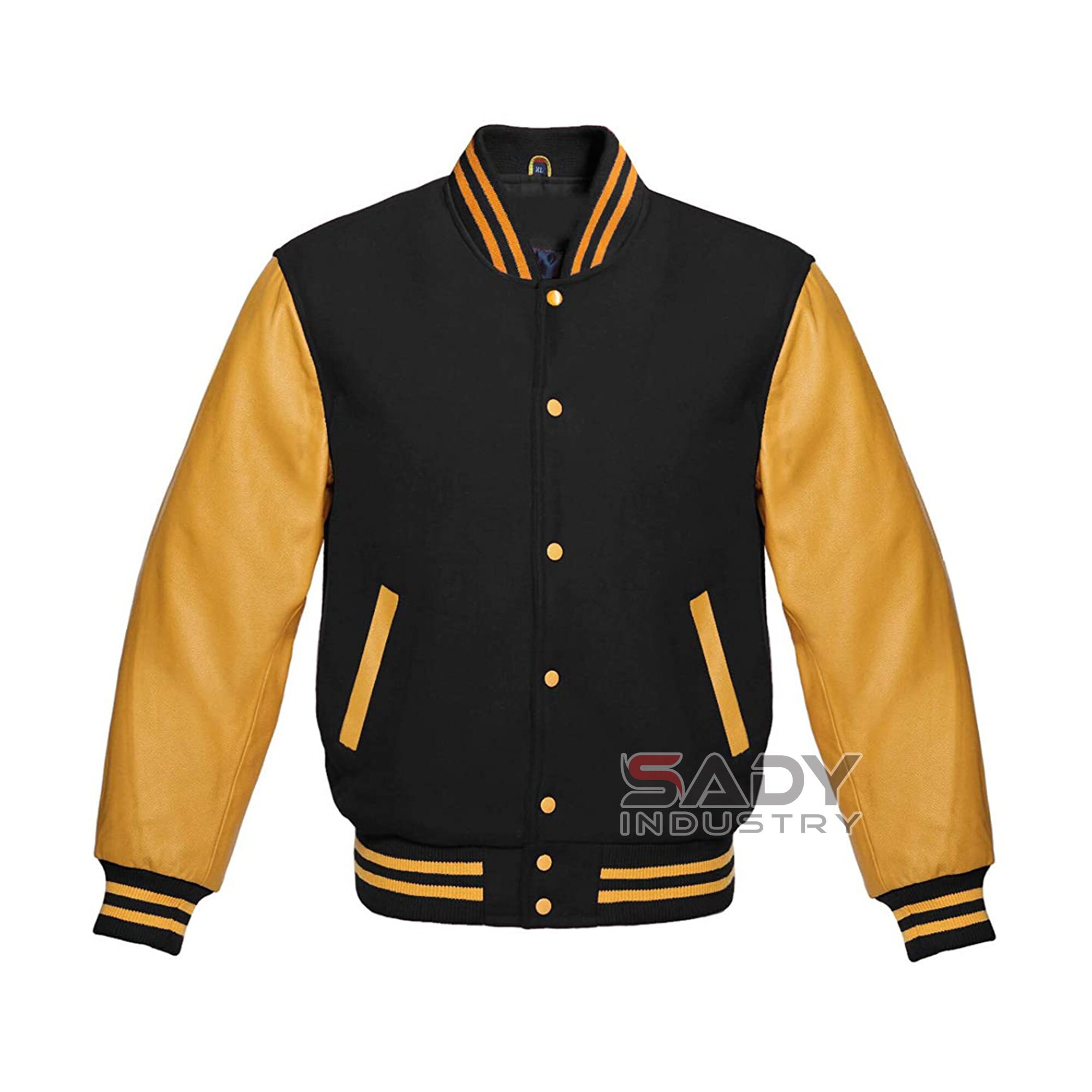 Varsity Letterman Baseball in Black Wool and Genuine Golden Leather Sleeves Jacket Bomber Jacket, Fashion Jacket, Los Angeles Lakers SS-419V