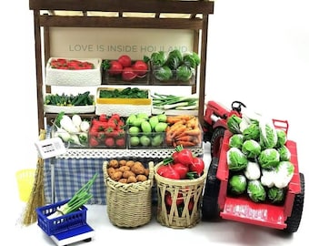 Miniature Clay Vegetables with Woven Basket, Dollhouse Grocery Prop Food