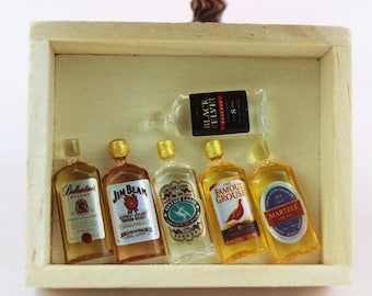 Miniature whiskey set dollhouse wine bottles 1 12th scale miniature spirits bottles set of 6 dolls house hard liquor alcoholic beverage