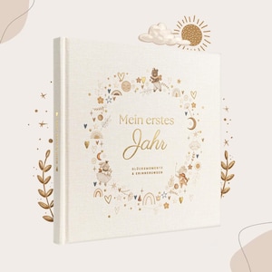 EULENTALER® Babyalbum mein 1. Jahr + Leinen & Goldprägung I von Pädagogen gestaltet I handgemalten Illustrationen I Babybuch zum ausfüllen