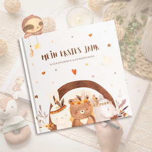 EULENTALER® Das Babyalbum mein erstes Jahr I von Pädagogen gestaltet I Babytagebuch Boho zum ausfüllen für Mädchen & Jungen mit Waldtieren