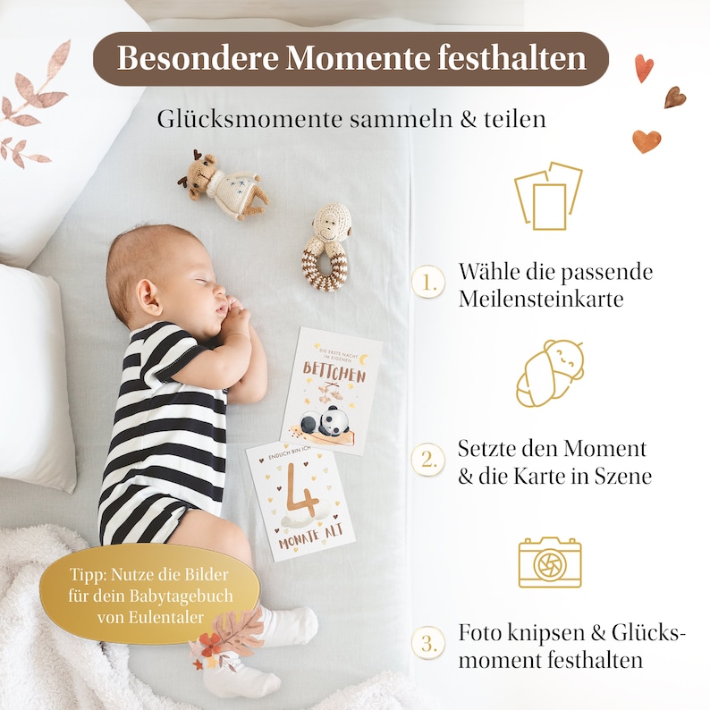 EULENTALER® Meilensteinkarten Baby I Boho I Von Pädagogen gestaltet I Meilensteine Baby I Geschenk zur Geburt I 48 Karten Inkl. Geschenkbox Bild 4