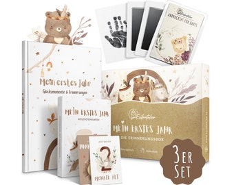EULENTALER® Erinnerungsbox „Mein erstes Lebensjahr“ I Von Pädagogen gestaltet I 3er Set : Babytagebuch, Meilensteinkarten Baby & Abdruckset