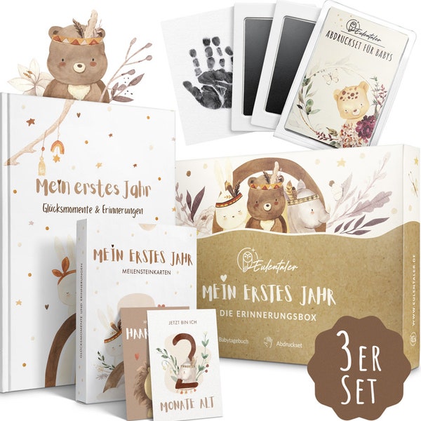 EULENTALER® Erinnerungsbox „Mein erstes Lebensjahr“ I Von Pädagogen gestaltet I 3er Set : Babytagebuch, Meilensteinkarten Baby & Abdruckset