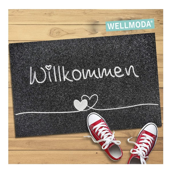 WELLMODA® Türmatte, Fußmatte, Genähtes Logo Willkommen, Innen & Außen, Fußmatte personalisiert, Fußabtreter, Schuhmatte, Geschenk Einzug