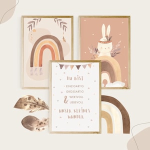 EULENTALER® Posterset Kinderzimmer im Boho-Stil I Von Pädagogen gestaltet I Handgemalte Tiere & Illustrationen I 3er Set/ DIN A4 Hase