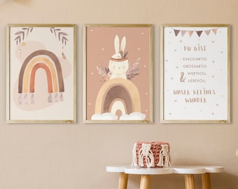 EULENTALER® Poster für Kinderzimmer im Boho-Stil I Von Pädagogen liebevoll gestaltet I Tierposter Babyzimmer I 3er Set/ DIN A4 Hase