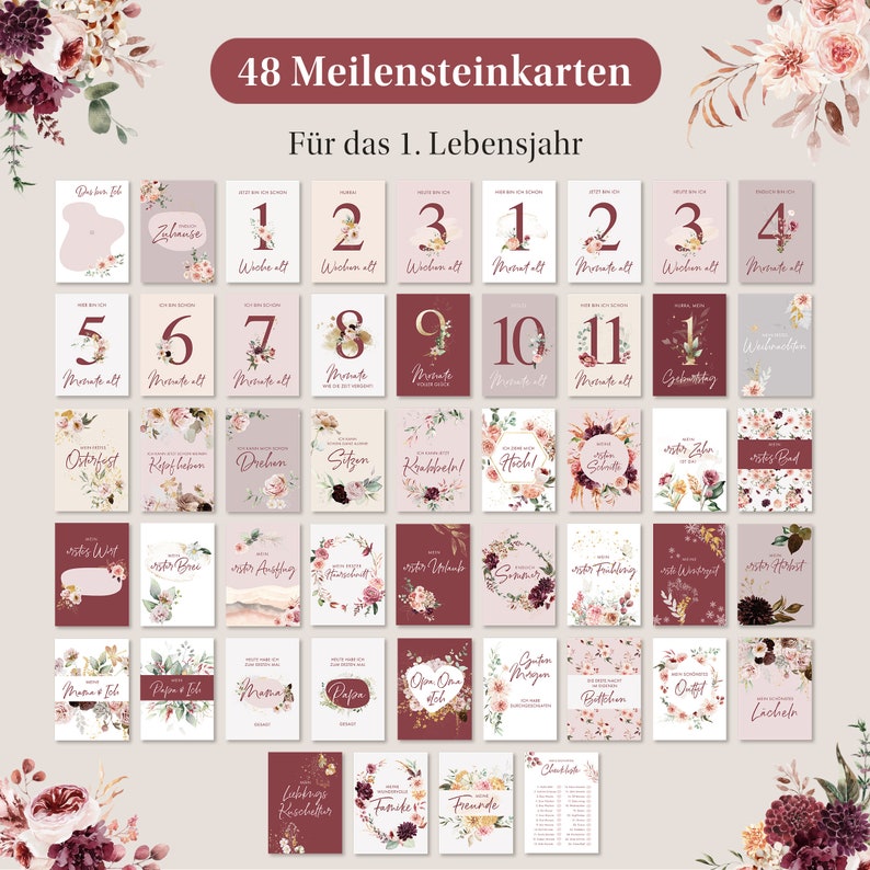 EULENTALER® Meilensteinkarten Baby I Boho I Von Pädagogen gestaltet I Meilensteine Baby I Geschenk zur Geburt I 48 Karten Inkl. Geschenkbox Blumen