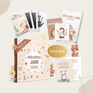 EULENTALER® Das Sparset „Mein erstes Jahr" I Von Pädagogen gestaltet I 3er Set: Babytagebuch Nursery, 48 Meilensteinkarten & Baby Abdruckset