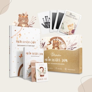 EULENTALER® Die Erinnerungsbox „Mein erstes Jahr" I Von Pädagogen gestaltet I 3er Set : Babytagebuch, 48 Meilensteinkarten & Baby Abdruckset
