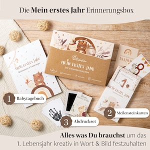 EULENTALER® Erinnerungsbox Mein erstes Lebensjahr I Von Pädagogen gestaltet I 3er Set : Babytagebuch, Meilensteinkarten Baby & Abdruckset Bild 2