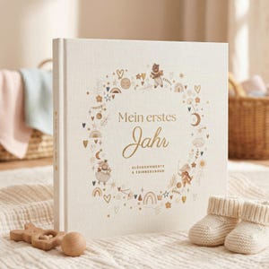 EULENTALER® Babyalbum mein erstes Jahr, Leinen & Goldprägung I von Pädagogen gestaltet I Babytagebuch 1. Jahr zum ausfüllen, Erinnerungsbuch