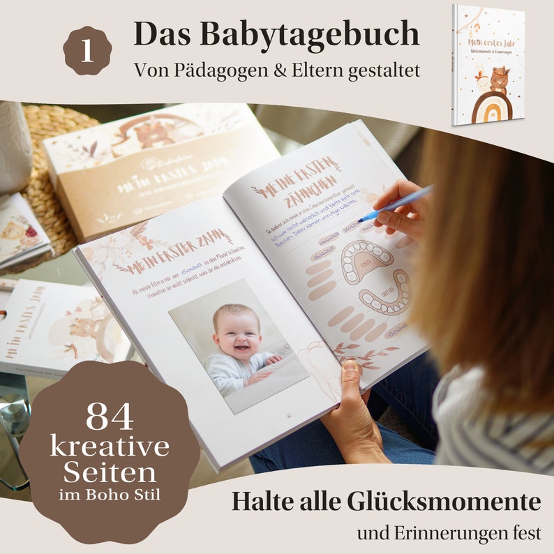 EULENTALER® Erinnerungsbox Mein erstes Lebensjahr I Von Pädagogen gestaltet I 3er Set : Babytagebuch, Meilensteinkarten Baby & Abdruckset Bild 3