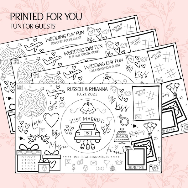 25 Printed Wedding Placemat Coloring Sheets - Wedding Reception Activity Mats - Perfect for the Rehearsal Dinner, Kids Table, Bridal Shower