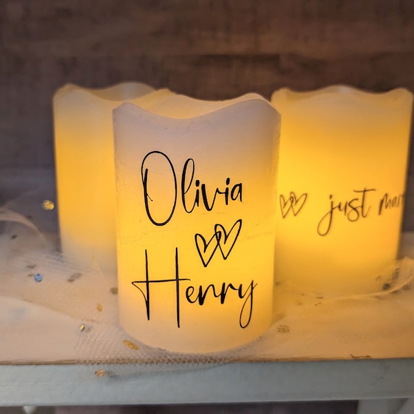 3 Personalized Flameless LED Wax Candle Votives/Beautiful Glow for Wedding Receptions/Bulk Favors/Party Decor/2.5"Hx1.75"W Battery Included