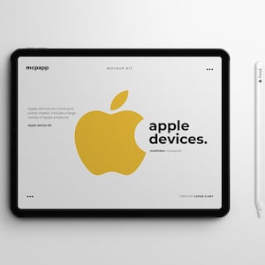 May include: A white tablet with a black border displays a mockup kit for Apple devices. The screen shows a yellow apple logo and the text "apple devices. multiview mockup kit". A white Apple Pencil is on the right side of the tablet.