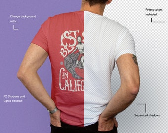 May include: A red t-shirt with a graphic of a surfer and the text "Surf in California" is shown next to a white t-shirt. The image includes color presets and editable light and shadow effects.