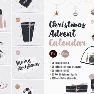 Può includere: Un set di 25 illustrazioni digitali per un calendario dell'avvento di Natale. Le illustrazioni sono in stile minimalista con una combinazione di colori nero, bianco e rosa. Le illustrazioni includono una casa, un pinguino, un regalo, una canna di zucchero, una calza, una tazza di cioccolata calda e un albero di Natale. Le illustrazioni sono perfette per creare un calendario dell'avvento unico e festivo.