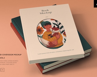 Könnte beinhalten: Ein Mockup eines Hardcover-Buches mit einer farbenfrohen Illustration einer Person, die einen Fuchs hält. Der Buchumschlag ist cremefarben mit einem kreisförmigen Ausschnitt, der die Illustration freilegt. Der Text "Book Mockup" ist oben auf dem Umschlag gedruckt. Der Text "HARD COVER BOOK MOCKUP KIT VOL.2" ist unten auf dem Umschlag gedruckt.