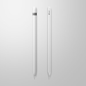 以下が含まれることがあります： マット仕上げと光沢仕上げの2本の白いApple Pencilスタイラス。両方のスタイラスは、上部に黒いAppleロゴが付いています。