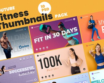 Può includere: Un collage di 10 modelli di miniature YouTube per video di fitness. Le miniature presentano immagini di persone che si allenano, testo motivazionale e branding del canale. Il testo sulle miniature include "Fit in 30 Days", "Become a Successful Athlete", "100K", "My Fitness Routine" e "Fast Loose Weight".