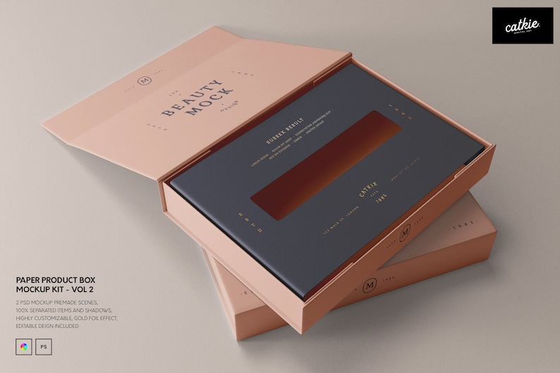 Puede incluir: Una maqueta de caja de producto de papel rosa con una caja interior gris. La caja interior tiene un recorte de ventana y el texto "CATRIZ" es visible. La caja est&aacute; etiquetada como "BEAUTY MOCK" y "PAPER PRODUCT BOX MOCKUP KIT - VOL 2".