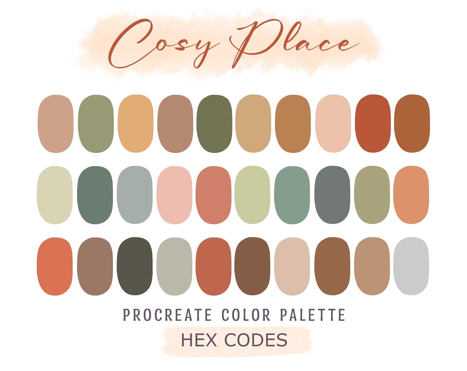 Paleta de colores Procreate acogedora con 30 muestras y códigos HEX para ilustración y lettering en iPad