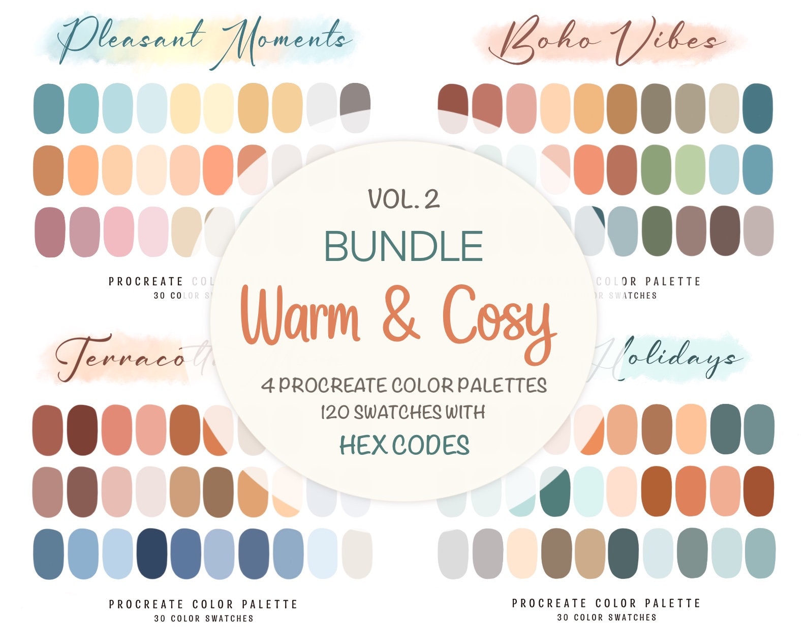 Procreate Color Palette Bundle – Warm & Cozy Soft Pastels, 120 Swatches for iPad Art & Lettering