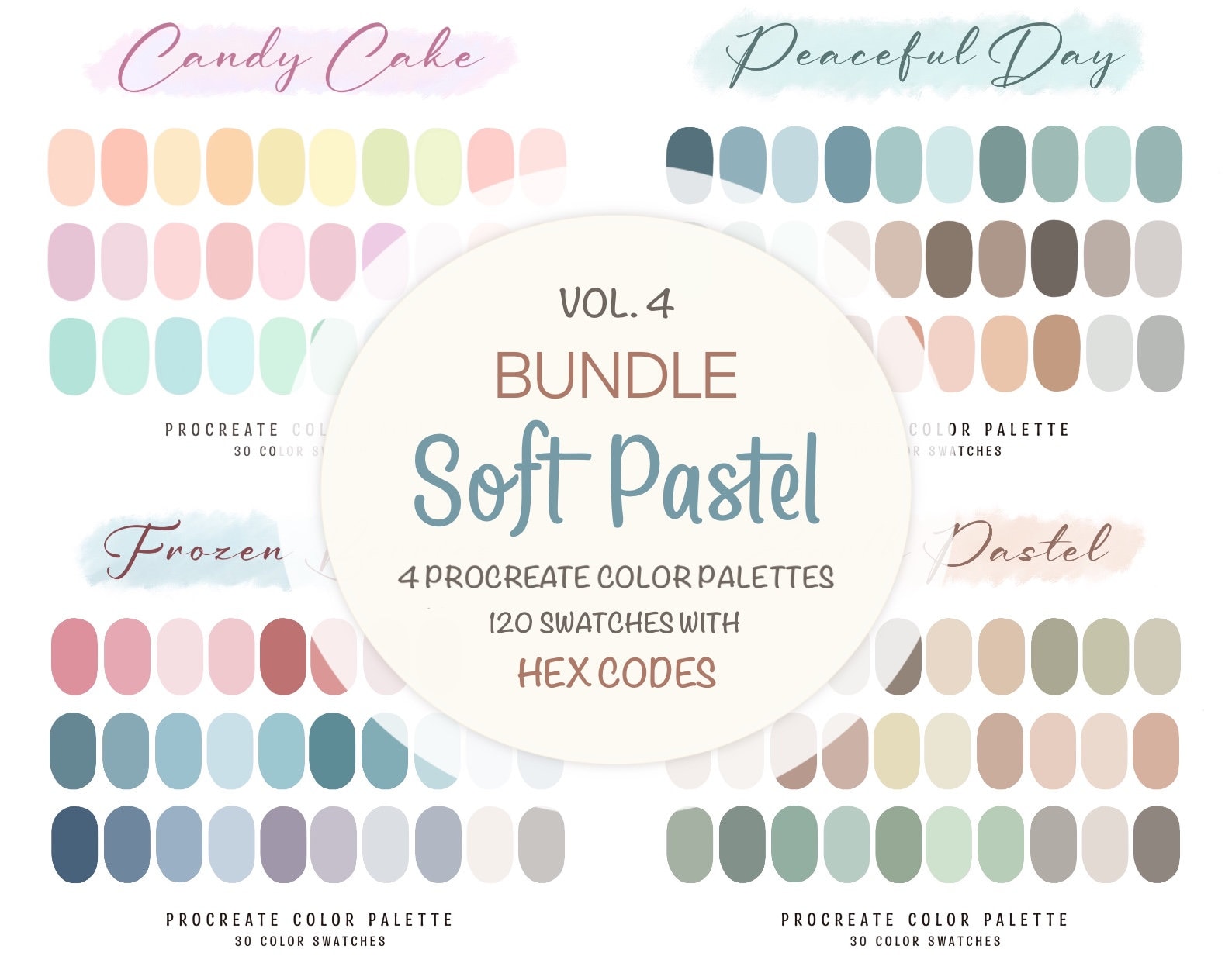 Pack de paletas de colores pastel suaves para Procreate con códigos HEX – 120 swatches para ilustración y lettering en iPad