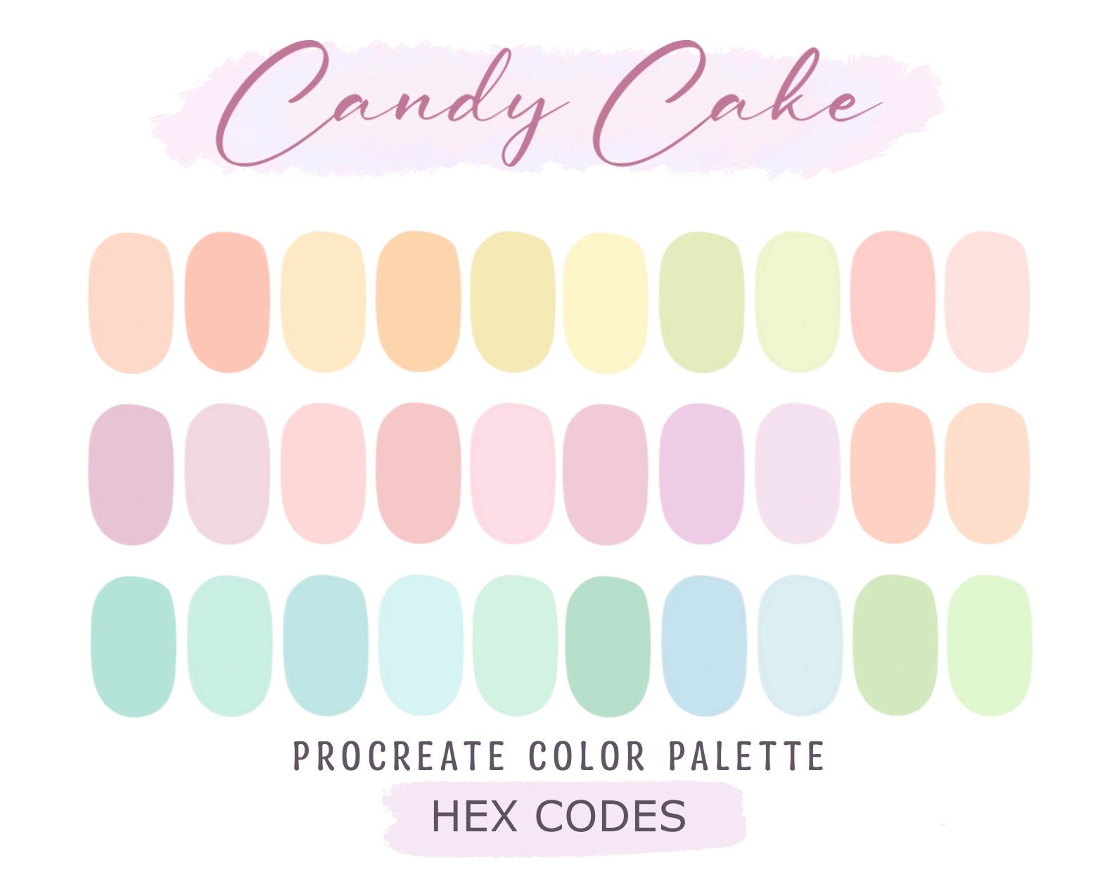 Paleta de colores Pastel Candy Cake para Procreate | 30 swatches suaves + códigos HEX | Descarga digital