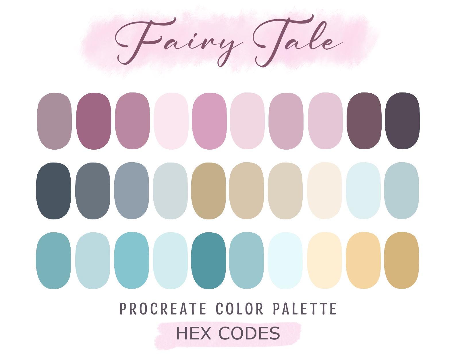 Palette de couleurs Procreate conte de fées avec codes HEX | 30 nuanciers Procreate pour art et illustration sur iPad