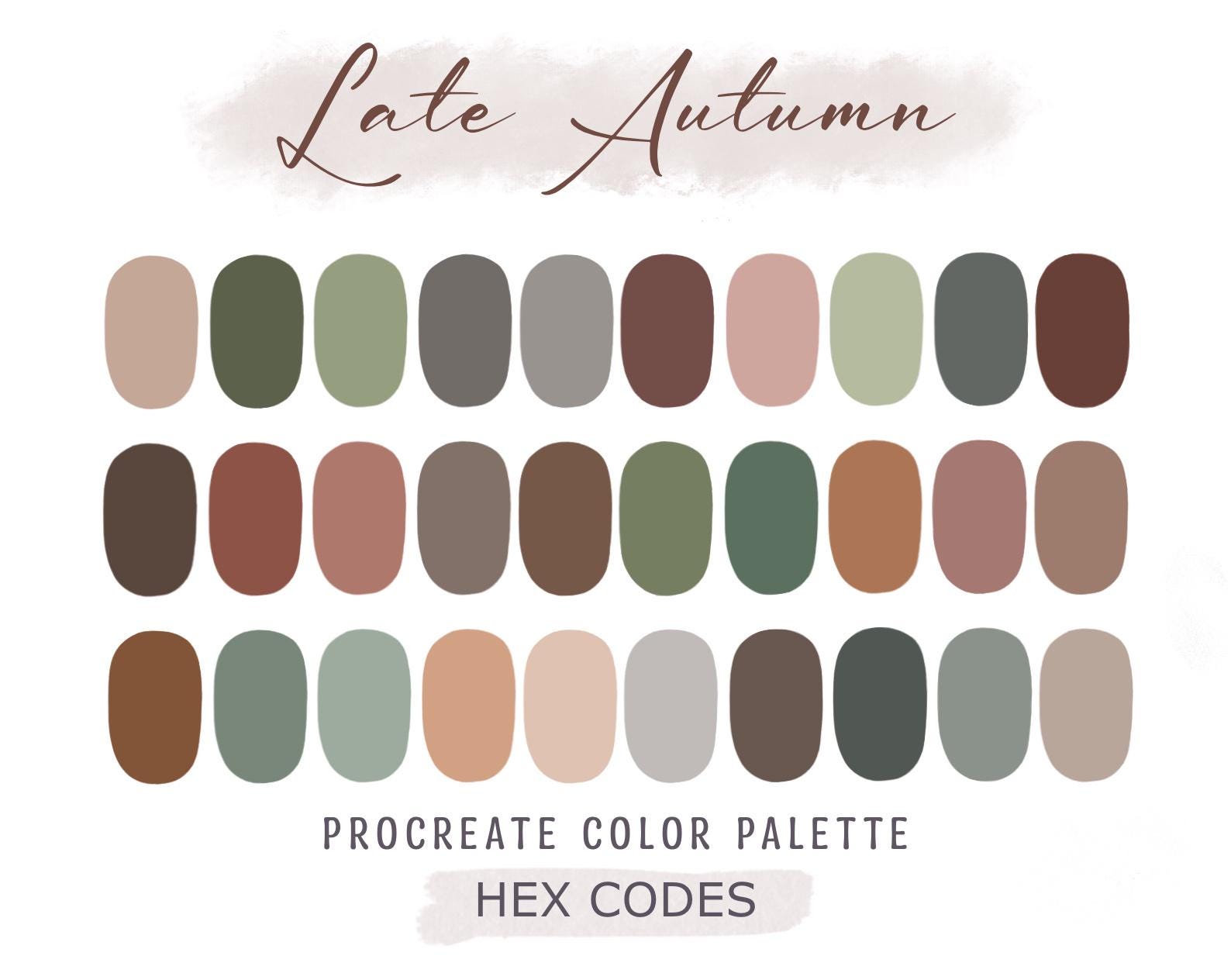 Paleta de colores para Procreate Late Autumn – 30 swatches neutros y terrosos con códigos HEX | Descarga digital instantánea