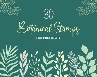 Sellos botánicos procreados, pinceles de sellos procreados, sellos digitales, hojas y ramas botánicas, uso comercial incluido