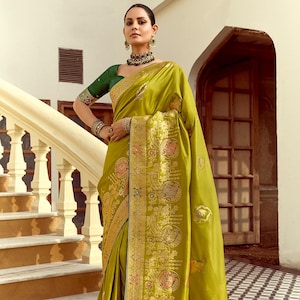 Made To Measure Mehndi Green Weaving Banarasi Silk Saree With Contrast Green Weaving Fancy Blouse Bridesmaids Wedding Wear Saree In USA