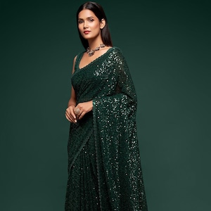 Dunkelgrüner Georgette Pailletten bestickter Saree-Hochzeitsfeier Sari für Frauen Saree mit Bluse Geschenke für Frau indisches Festival Saree in den USA