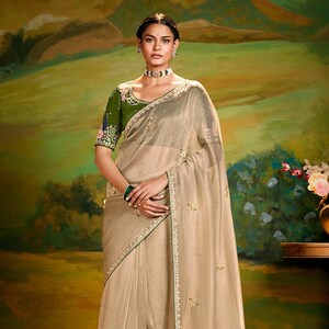 Designer Beige Embroidery Wedding Silk Saree Premium Festival Sari Fancy Butti Work Sari Saree With Heavy Blouse Bridesmaid Party Wear Saree