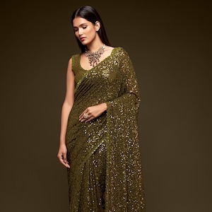 Olive Green Georgette Saree Sequins Party Wear Saree Custom Stitched Blouse Reception Wear Saree Women&#39;s Wedding Wear Sari Bridesmaids Saree
