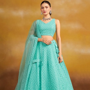 Sea Green Readymade Green Georgette Sequins Embroidered Lehenga Choli Festive Party Wear For Girls Indian Wedding Lehenga Bridesmaid Lehenga