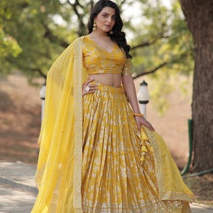 Traditional Yellow Banarasi Lehenga Choli with Embroidered Dupatta - Buy main image 1