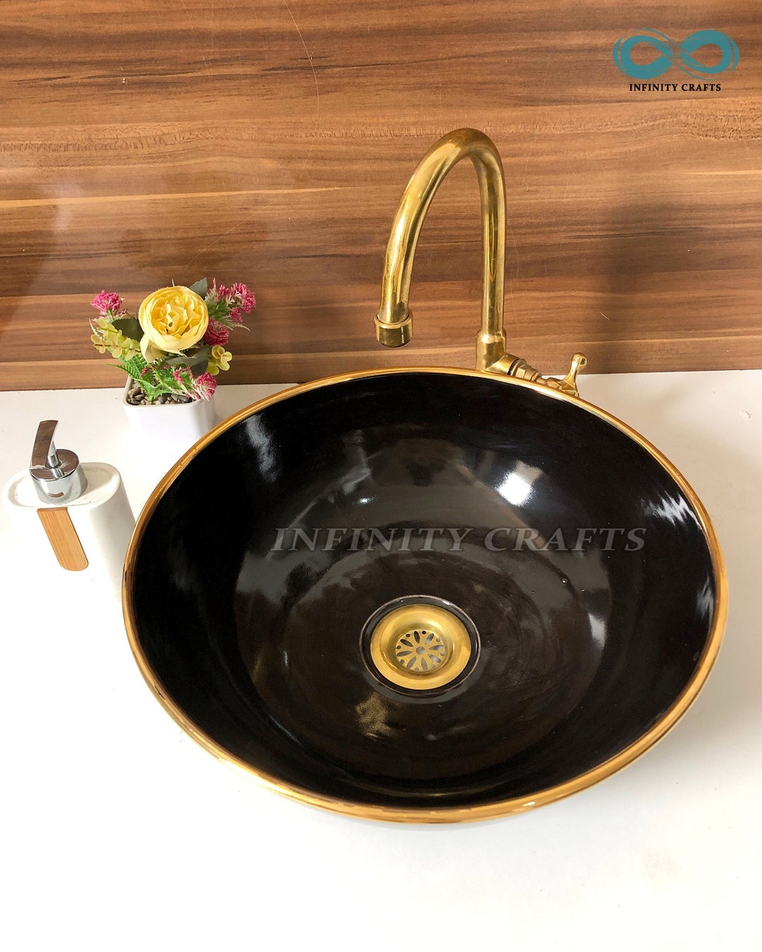 14k Gold Black Ceramic Sink Hand Painted Sink Bathroom Sink Etsy