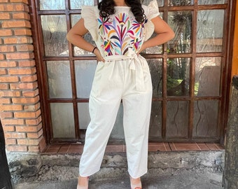 Palazzo jumpsuit otomi, hand embroidery Beige multicolor, pockets, belt for extra comfort,Boho Hippie. Ethnic Clothing.Mexican jumpsuit M