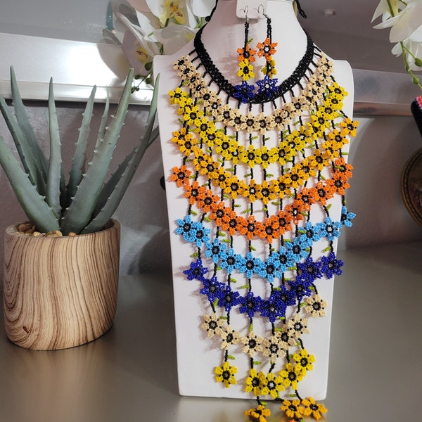 100 flowers  Waterfall Beaded Necklace - Mexican Jewelry Set - Joyeria Huichol