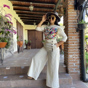 Denim  Mexican Two Piece Jumpsuit. Top. Otomi Hand Embroidered Jumpsuit. Mexican Fashion 2 Piece High Waisted Jumpsuit.