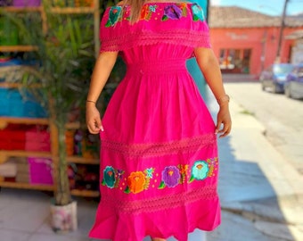 S to XXL Lace Trim Off the Shoulder Dress. Floral Embroidered Dress. Campesino Dress. Mexican Dress. 5 de Mayo Dress. Mexican Fiesta Dress.